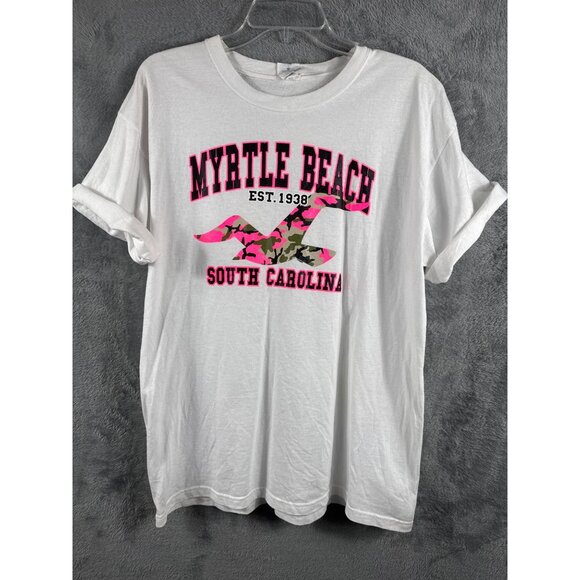Myrtle Beach South Carolina White T-Shirt Anvil Pre-Shrunk Cotton Camo Pink Grap - Picture 1 of 6